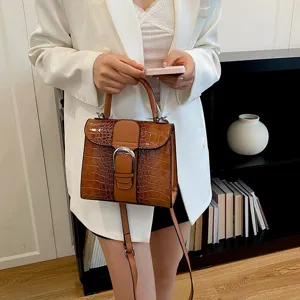 Retro crocodile pattern top handle handbag, chic fashion contrast color shoulder bag.