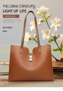 Grand sac cabas marron en cuir pour femme, élégant sac à main d'épaule pour le bureau travail.
