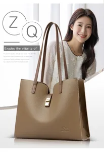 Grand sac cabas en cuir marron, sac bandoulière d'affaires élégant avec serrure dorée.