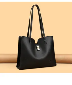 Grand sac cabas élégant en cuir noir pour femmes, sac à main d'épaule pour le bureau.
