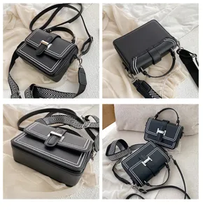 Women black crossbody bag small square bag, stylish top handle shoulder bag with wide strap.