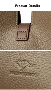 Gros plan sur les détails d'un sac à main en cuir de qualité, coutures nettes et logo.
