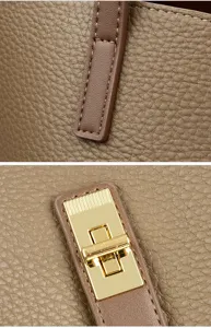 Gros plan sur le sac en cuir grainé avec coutures fines et élégant fermoir tournant doré.