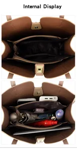 Présentation intérieure du grand sac cabas avec plusieurs compartiments et rangement organisé.