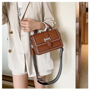 Fashion women crossbody bag PU leather small square handbag with wide strap for daily wear.