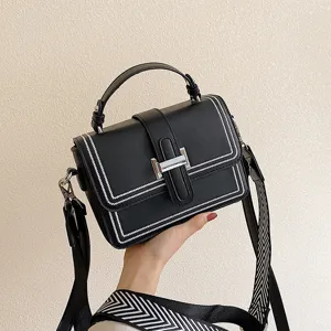 Women Fashion PU Leather Crossbody Bag Trend Solid Color Flap Square Bag Contrast Stitching Metal Lock Top Handle Handbag Wide Shoulder Strap Sling Bag