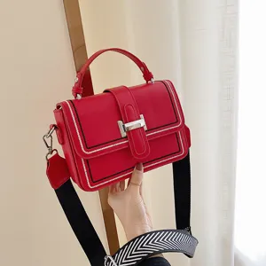 Trendy red women shoulder bag with wide strap, stylish top handle crossbody square bag for daily use