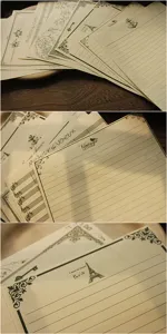 Détail de set de papier à lettres vintage, design rétro ligné avec textes décoratifs élégants.