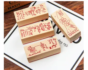 Vintage wooden botanical stamps set retro English letter diary DIY decorative craft rubber stamps
