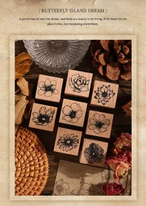 Vintage wooden flower stamps set for journal decoration, botanical craft rubber stamp art.