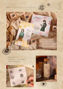Vintage wooden rubber stamp detail showing botanical flower patterns and decorative cards.