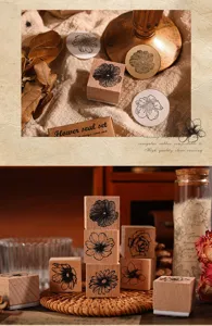 Vintage wooden floral stamps set for journaling, DIY art and craft, botanical rubber stamps.