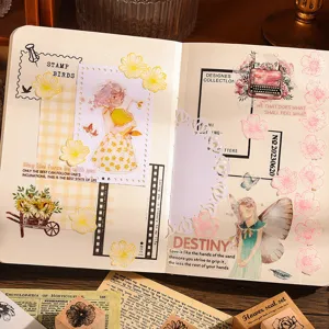 Vintage floral journal sticker and wooden stamp set for DIY craft and scrapbooking decoration.