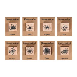 Retro wooden flower stamps set for journal DIY crafts, 8 pieces vintage botanical stationery