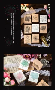 Vintage wooden rubber stamps set with fireworks design for DIY craft journaling and scrapbooking.