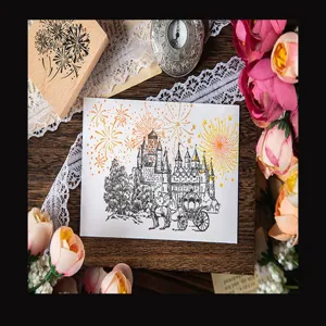 Vintage wooden stamp DIY journal decoration featuring fireworks castle design for craft lovers.