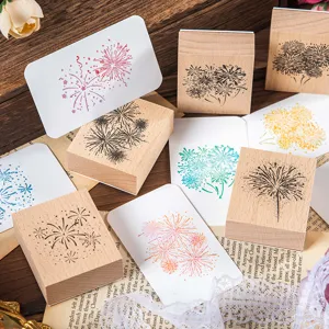 Wooden stamp set with fireworks design for vintage journal DIY scrapbooking decoration.