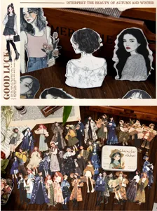 Vue détaillée de l'ensemble d'autocollants de personnages vintage pour scrapbooking.