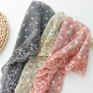 Japanese vintage floral lace triangle scarf detail, soft mesh fabric with exquisite embroidered edge.