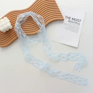 Light blue star embroidered lace ribbon choker and elegant floral narrow scarf for women.