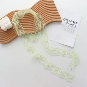 Green floral embroidered lace choker scarf elegant ribbon narrow scarf neck accessory for women