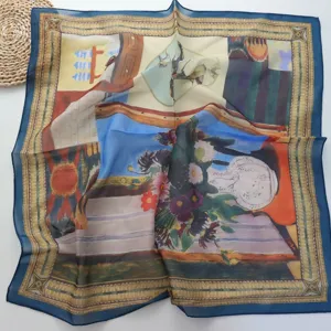 Foulard carré effet soie peinture à l'huile vintage 70x70cm élégant foulard de cou femme