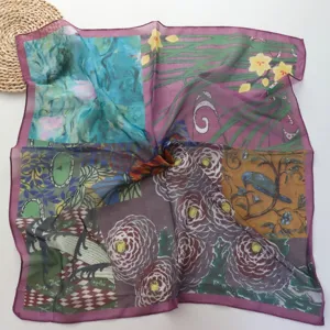 Foulard carré style peinture à l'huile vintage, tissu imitation soie douce, motif détaillé.