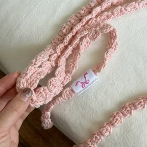 Handcrafted pink crochet ribbon neckband sweet style knit scarf detail view chic accessory