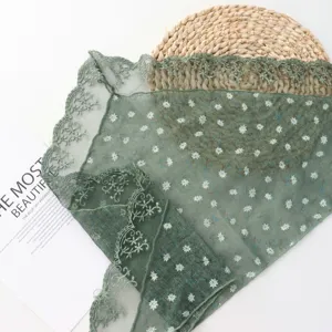 Vintage floral lace triangle headscarf for women, elegant green mesh hair scarf detail.