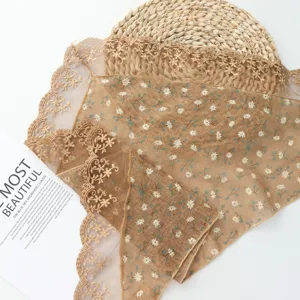 Japanese retro floral lace triangle scarf for women vintage brown headscarf hair accessory