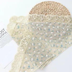 Japanese vintage floral lace triangle scarf head wrap, delicate blue print and fine lace trim.