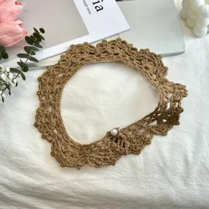 Handmade crochet detachable false collar with pearl button, brown versatile accessory detail view.