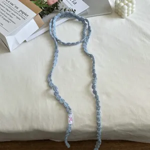 Handmade crochet light blue ribbon neck strap, sweet cool style knitted silk scarf for daily wear.