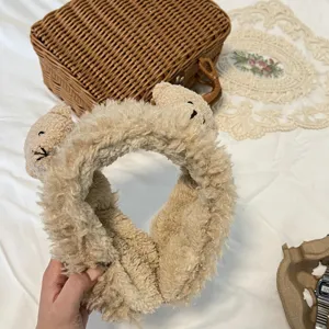 Fluffy bear earmuffs detail view, soft plush winter ear warmer with cute animal ear design.
