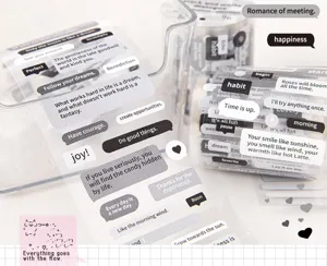 Gedetailleerd overzicht van Sugar Poem washi-tape met schattige Engelse citaten en berichten.