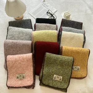 Detail view of Korean style fuzzy soft knit scarf, cozy winter warm versatile winter neckerchief.