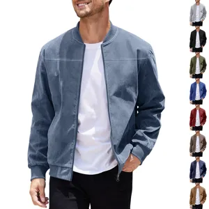 Men's suede bomber jacket detail view featuring full zip closure and comfortable rib-knit cuffs.
