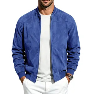 Close-up view of men's blue suede zip jacket collar and sleeve details, premium fabric.