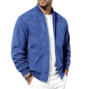 Detail view of men's blue autumn suede zipper jacket, casual vintage long sleeve outerwear.