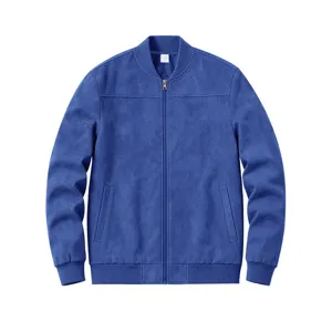 Close-up detail of men's blue suede zipper jacket collar and texture, autumn casual wear.