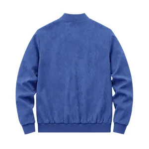 Back view detail of blue suede bomber jacket showing soft texture and ribbed hem.