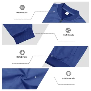 Men's blue faux suede bomber jacket detail view showing collar, cuffs, hem and fabric texture.