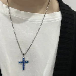 Stainless steel blue cubic zirconia cross necklace, luxury European fashion style.