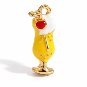 Gold-plated enamel cocktail glass pendant, sweet style DIY jewelry accessory for necklace.