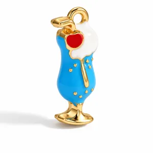 Gold plated cocktail glass enamel pendant, cute blue fruit drink DIY jewelry charm.