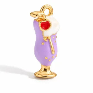 Charming enamel cocktail glass pendant, exquisite gold plated DIY jewelry accessory detail.