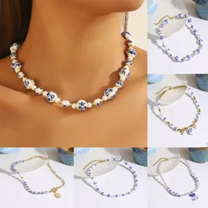 Close-up details showcasing stylish blue and white ceramic beaded necklace variants and designs.