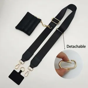 Detachable wide strap phone lanyard with small coin purse, black cross-body bag accessory