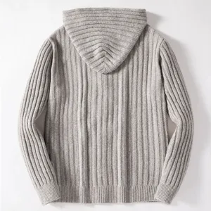 Men grey knitted hooded cardigan sweater, thick warm casual winter outerwear back detail view.