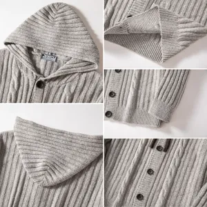 Detailed view of men's chunky cable-knit hooded cardigan sweater, showcasing buttons and texture.